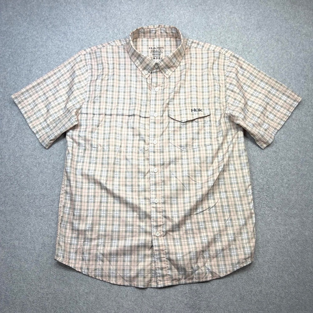 Huk Tide Point Shirt Mens Small Pink Plaid Short Sleeve Button Front Fishing